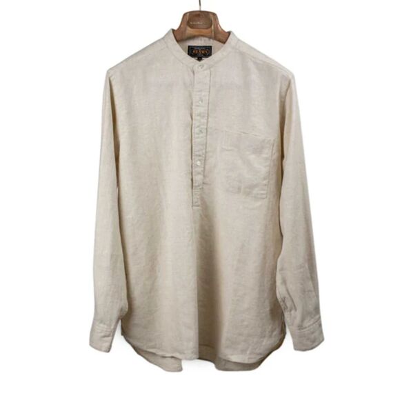 Beams Plus Band collar popover shirt natural cotton/linen herringbone sz Large - Picture 1 of 6